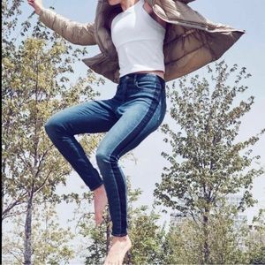 ATHLETA Scultex Yltra Skinny Denim Jeans Tuxedo Side Stripe Sport Stretch Hike